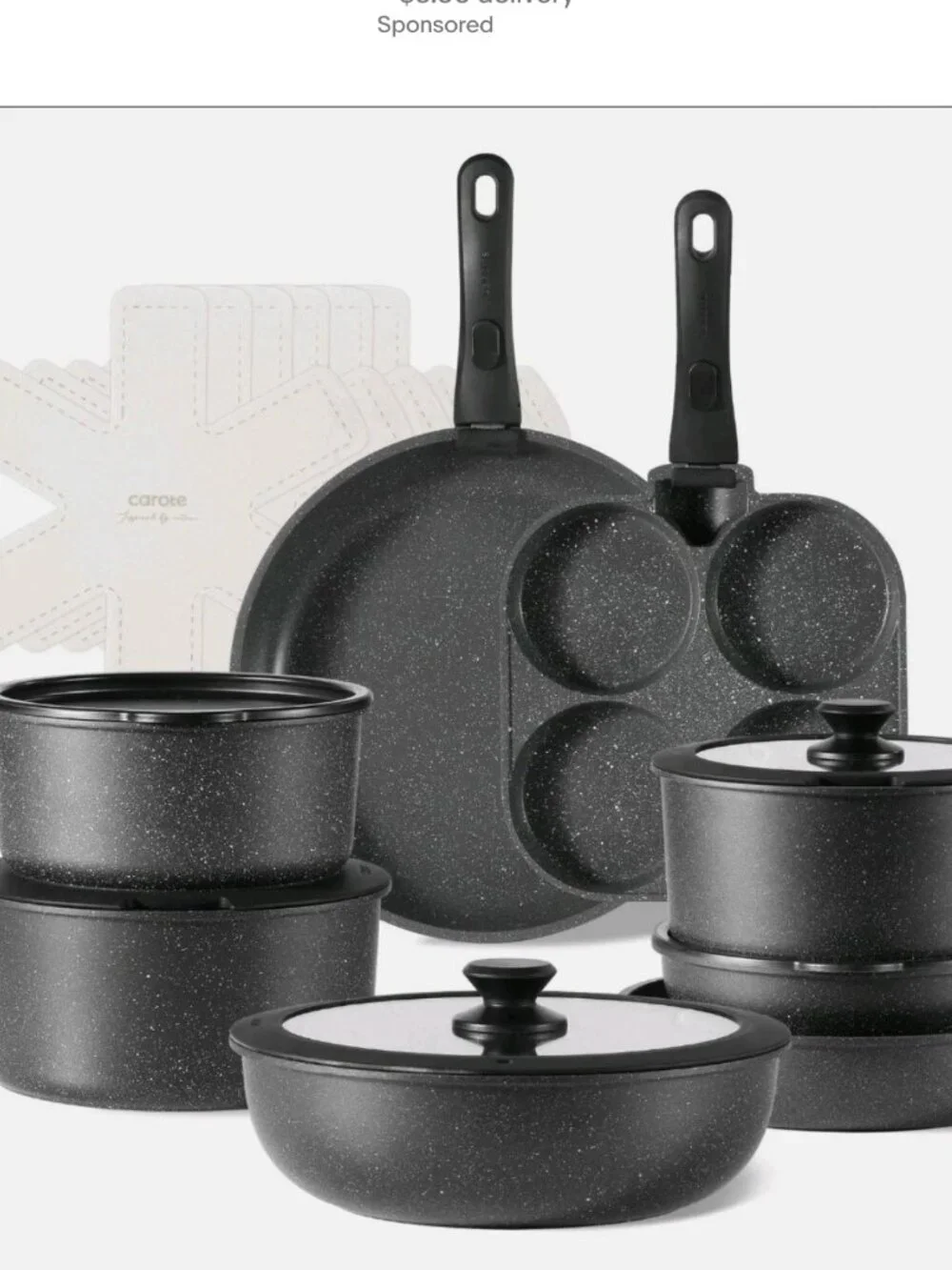 Carote A08656 22pcs Nonstick Cookware Set with Detachable Handle, Midnight Black